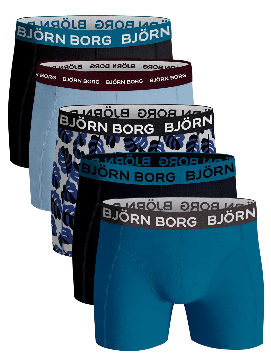 Björn Borg boxershorts Essential (5 pack) - Cotton Stretch boxers normale lengte - verschillende tinten blauw en print - Maat: S