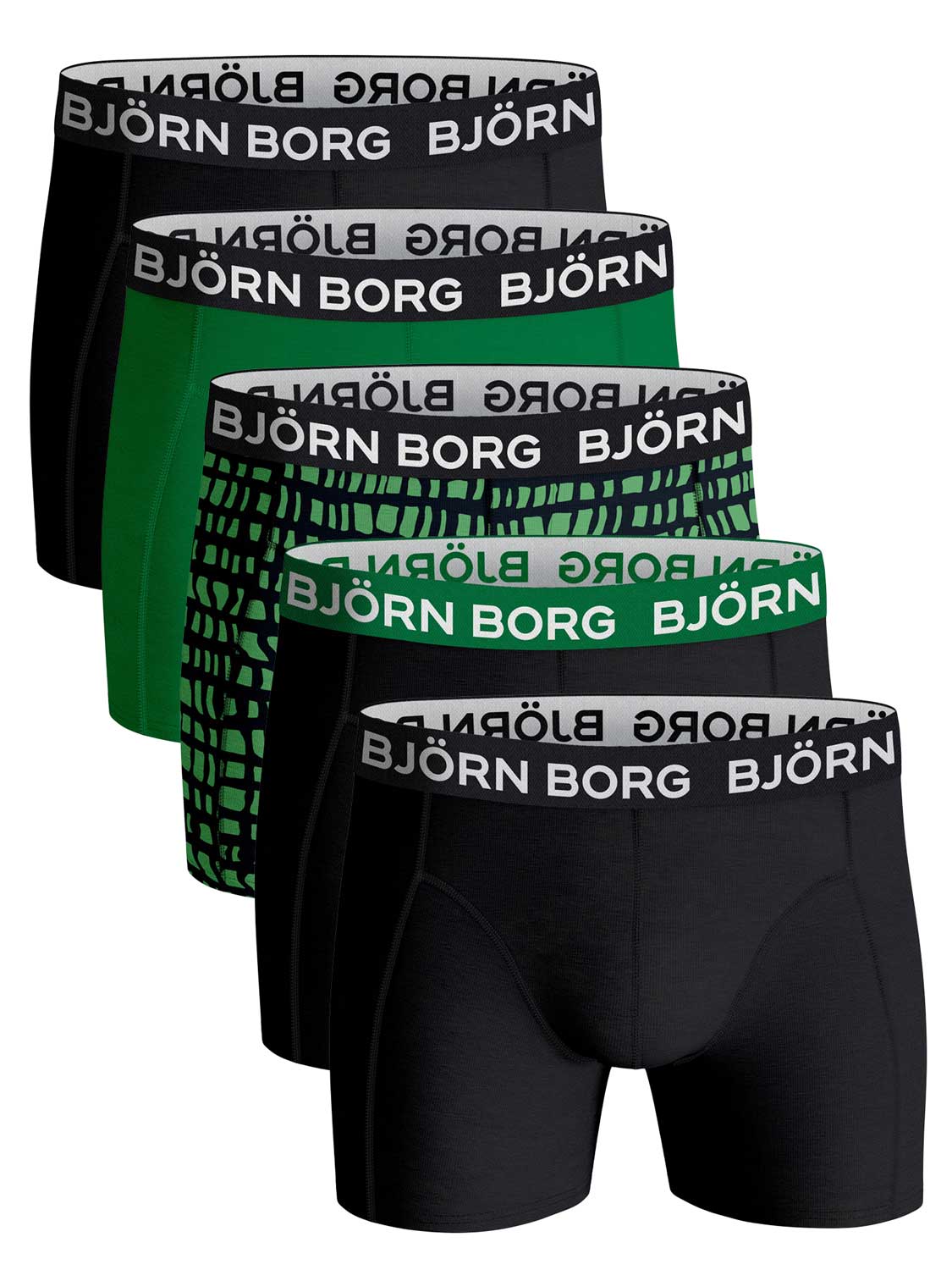 Björn Borg boxershorts Essential ( 5-pack) - Cotton Stretch boxers normale lengte - zwart met groen en print - Maat: XXL